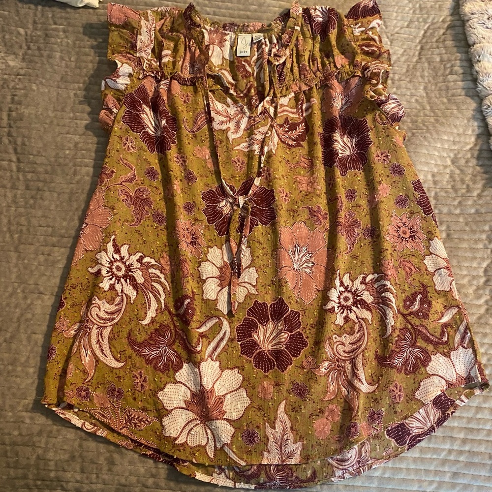 Joie Floral Ruffle Blouse in Olive and Burgundy